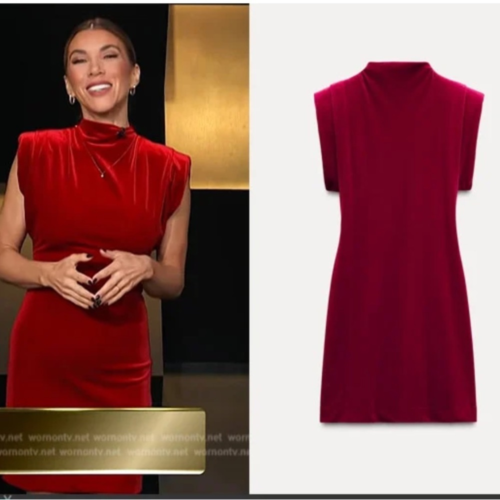 Zara NWT red velvet shoulder pad mini dress 0036/185 - Picture 2 of 14
